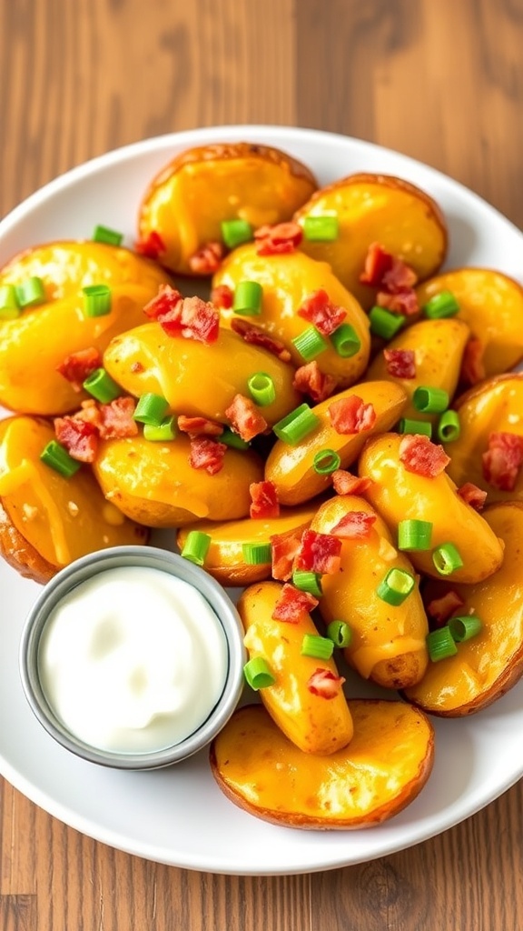 Loaded air fryer potatoes topped with cheese, bacon, and green onions on a rustic table with sour cream.